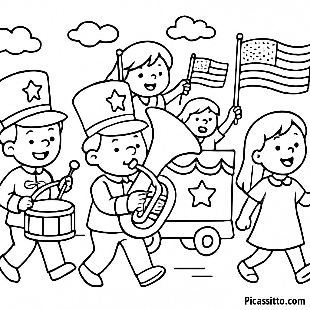 Célébrez la Liberté : Joyeux Dessin à Colorier de Parade du Jour de l'Indépendance