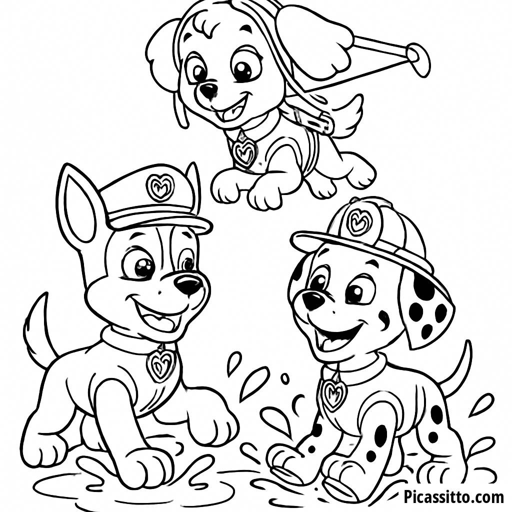 Pagina da Colorare di Chase e Marshall che Schizzano in una Pozzanghera