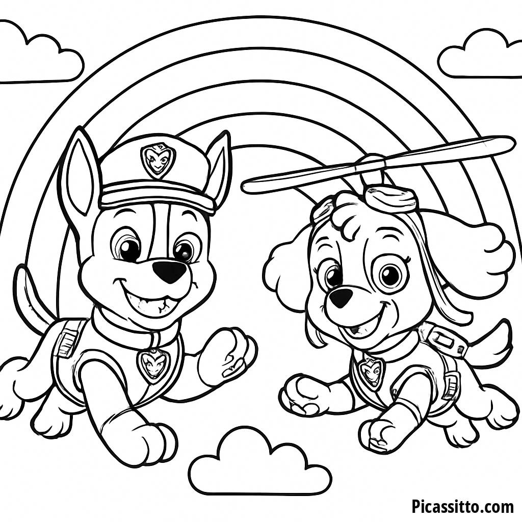 Chase and Skye Coloring Page - Soaring with Rainbows!