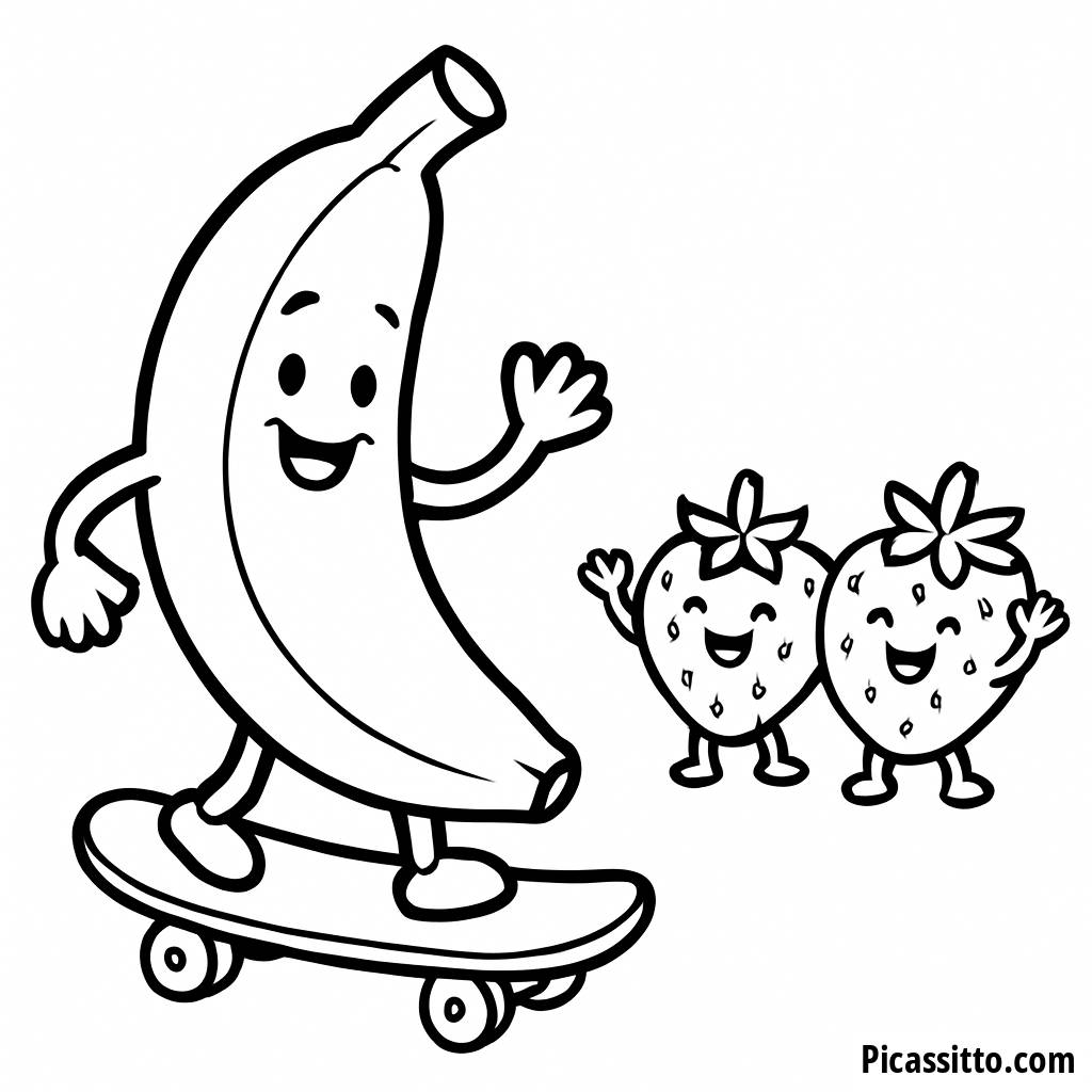Página de Colorir da Banana Feliz Andando de Skate