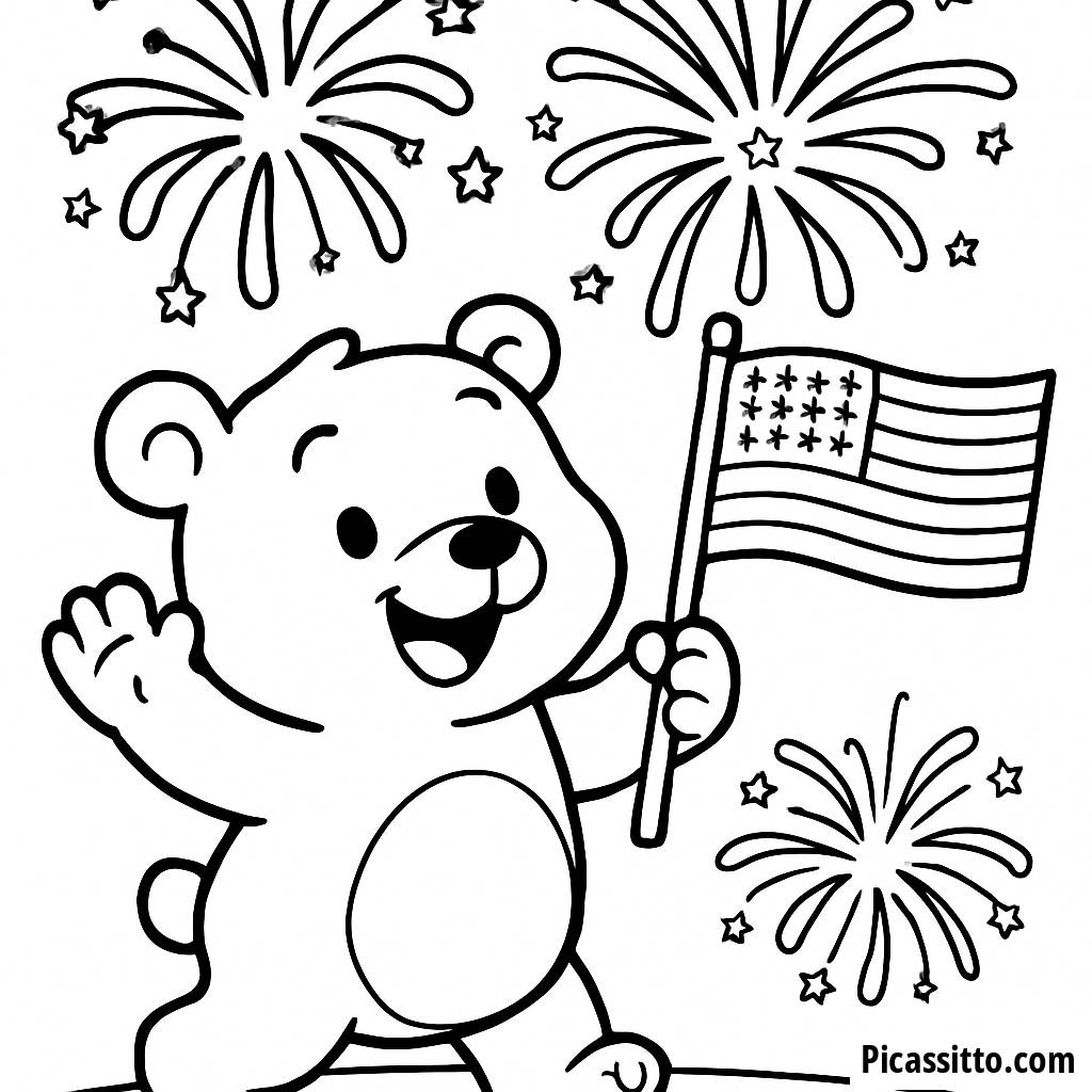 Pagina da Colorare Orso Allegro - Festeggia con i Fuochi d'Artificio!