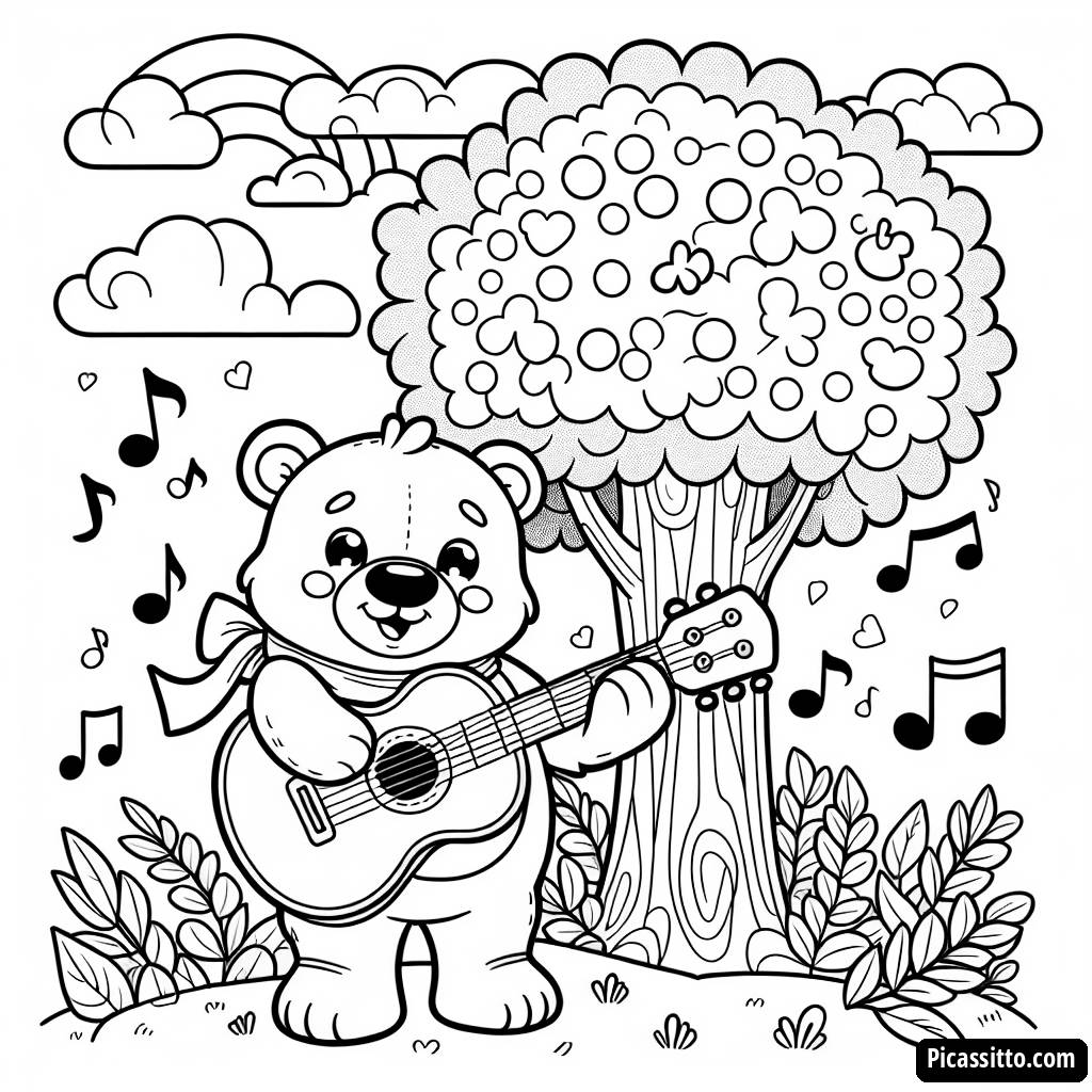 Página para Colorear del Oso Alegre con Guitarra