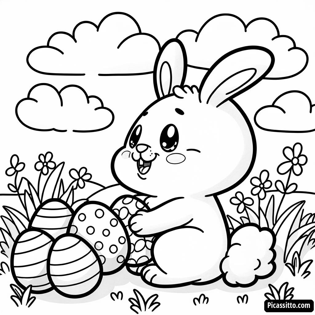 Pagina da Colorare di Coniglio Allegro: Nascondendo Uova Colorate nell'Erba