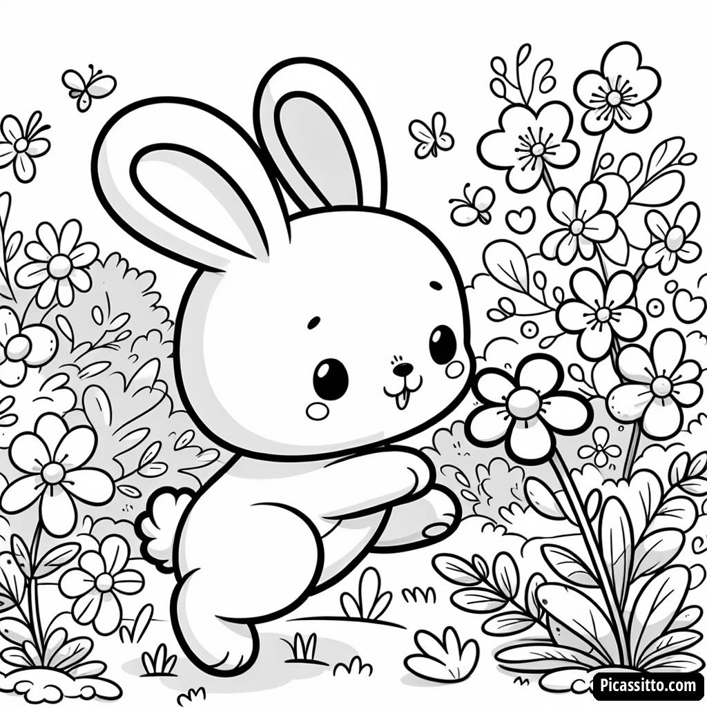 Раскраска Счастливого Кролика, Прыгающего Между Цветущими Цветами