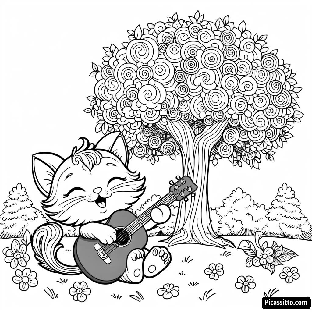 Pagina da Colorare del Gatto Allegro con Chitarra