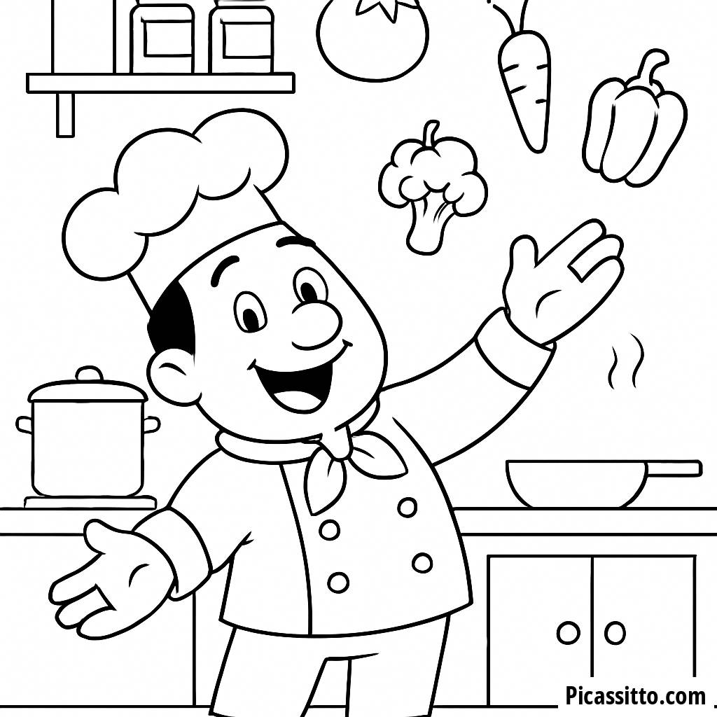 Page à Colorier: Chef Joyeux Jonglant des Légumes