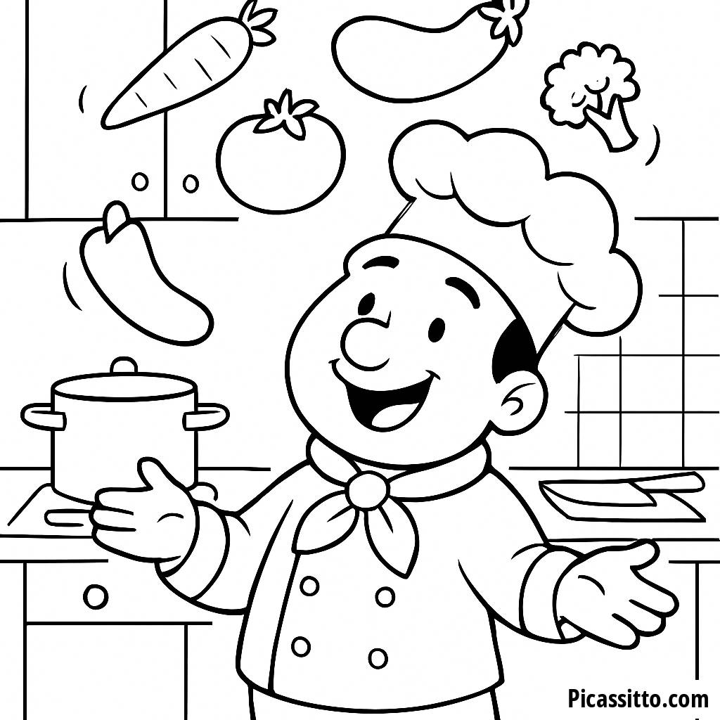 Cheerful Chef Juggling Vegetables Coloring Page