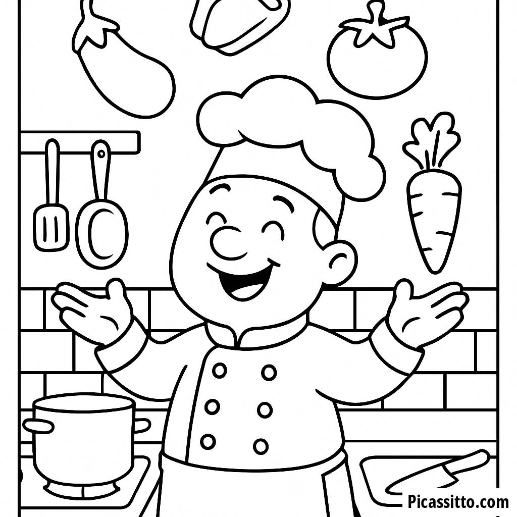 Página para Colorir do Chefe Alegre Juggling Legumes