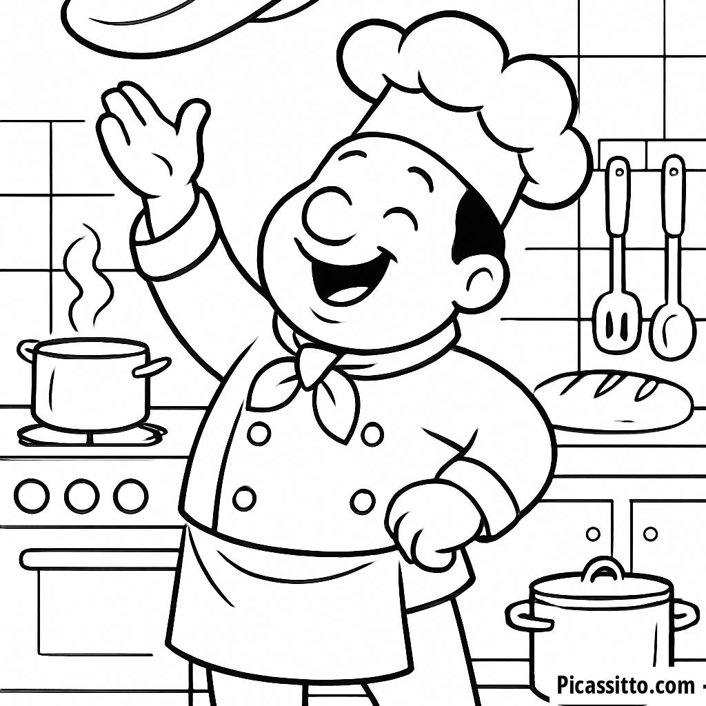 Pagina da Colorare del Cuoco Allegro con Impasto per Pizza