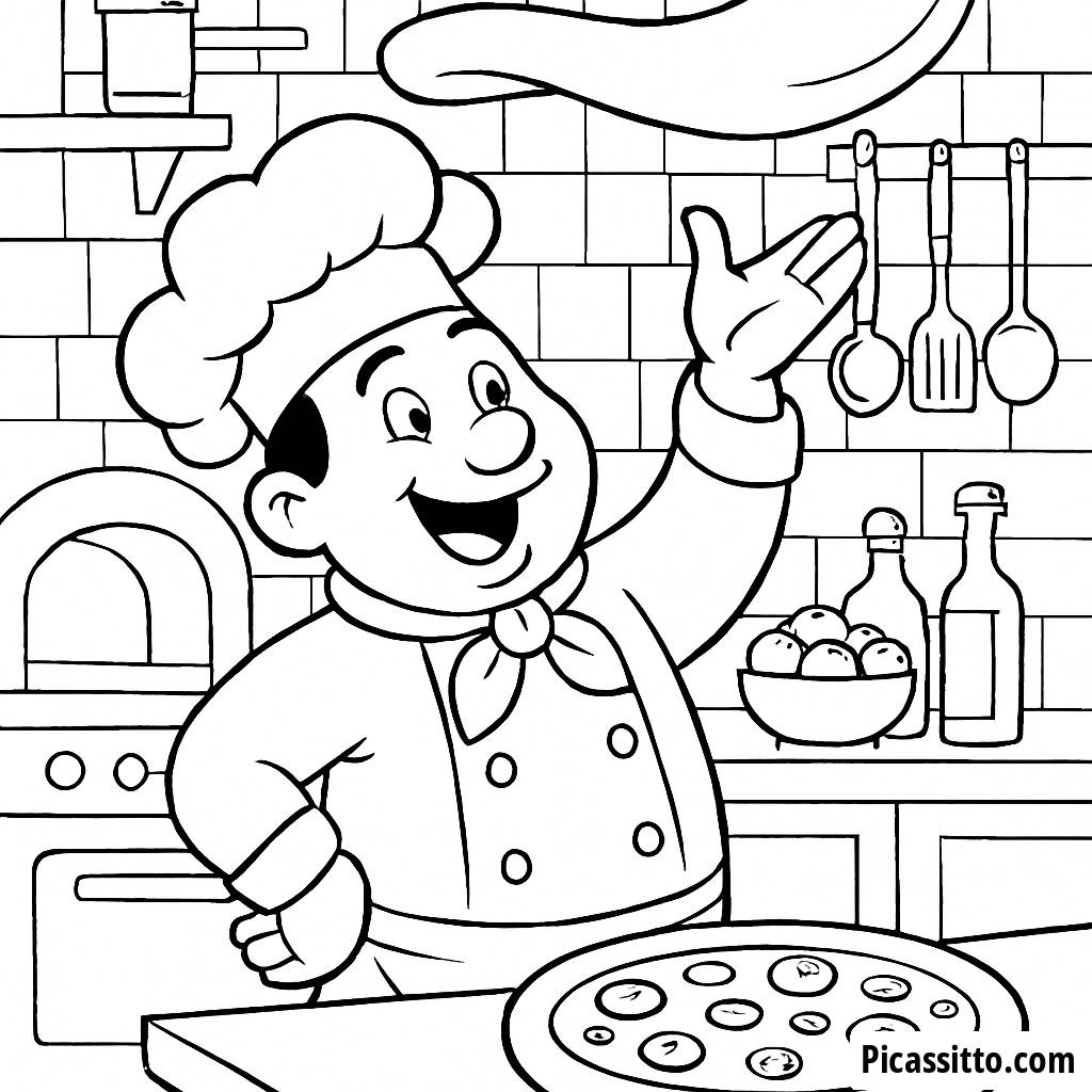 Página para Colorear del Chef Alegre Lanzando Pizza