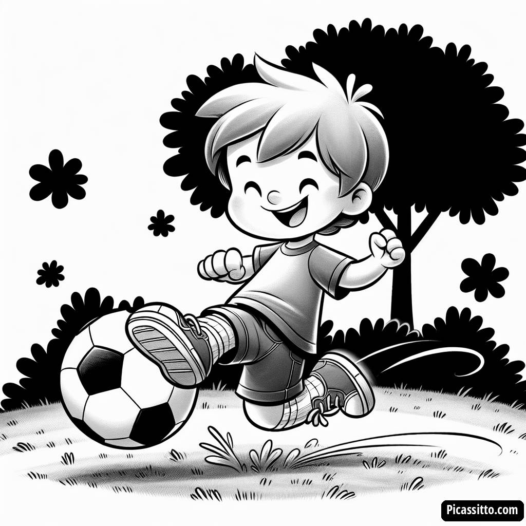 Веселый Ребенок, Который Бьет Футбольный Мяч - Красочная Страница для Раскраски
