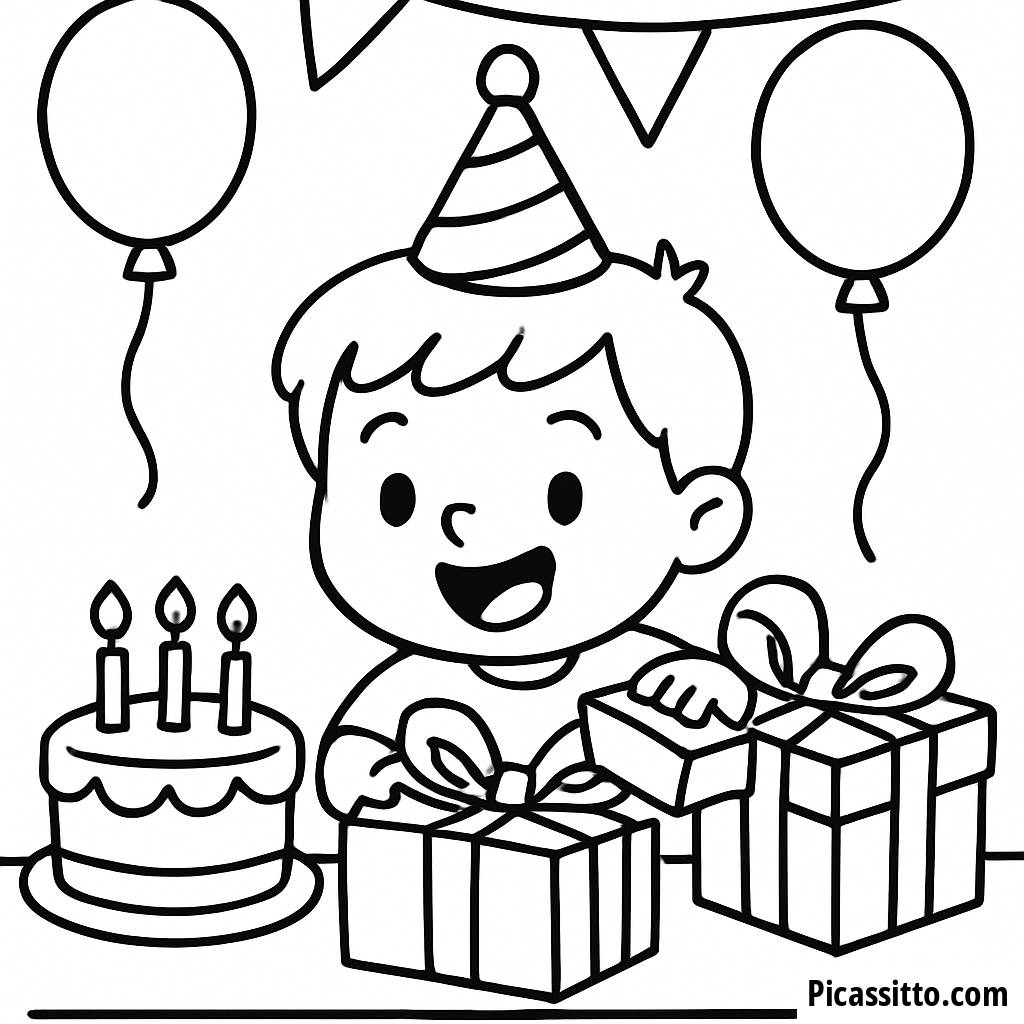 Pagina da Colorare di un Bambino Felice che Apre Regali di Compleanno