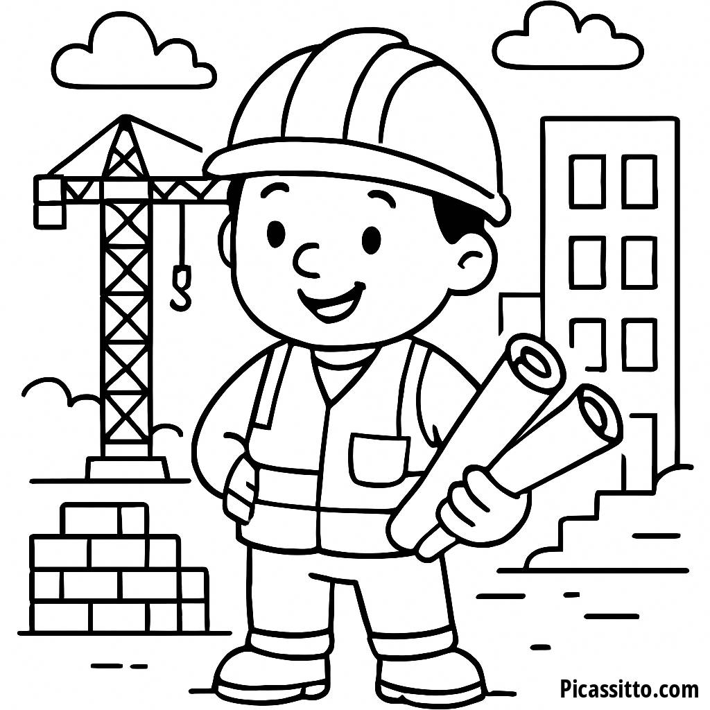 Pagina da Colorare di un Felice Lavoratore Edile