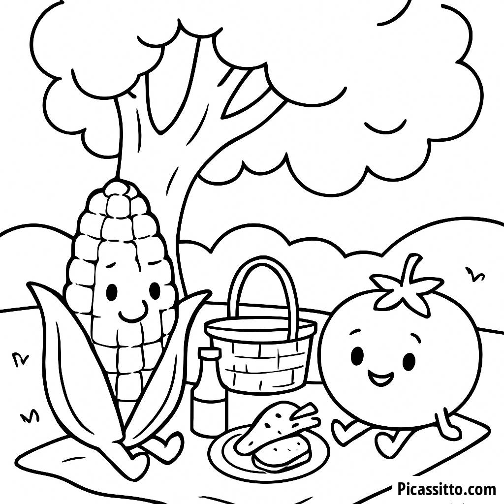 Página para Colorear del Alegre Mazorca de Maíz y Tomate en Picnic