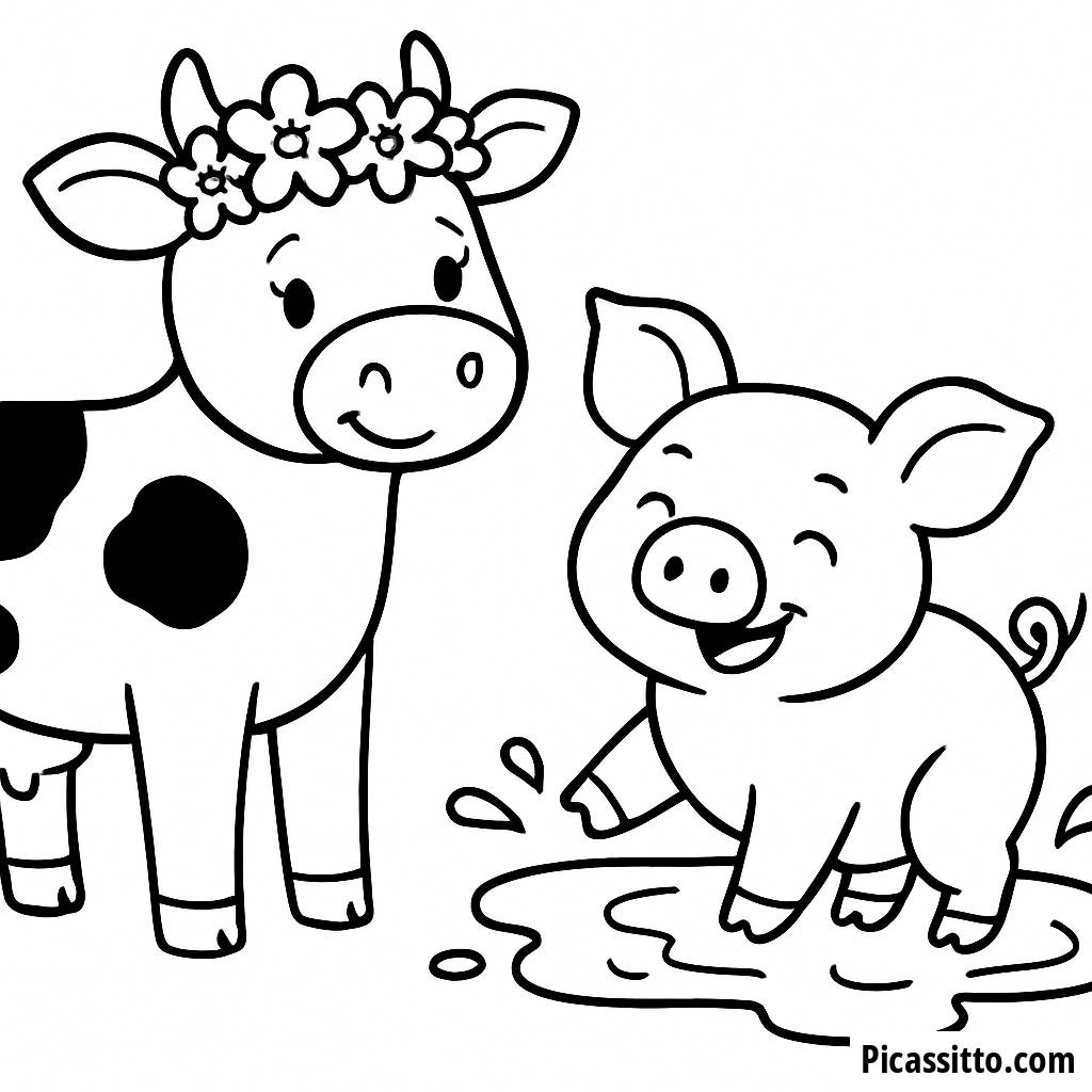 Página de Colorir da Vaca Alegre e do Porquinho Brincalhão