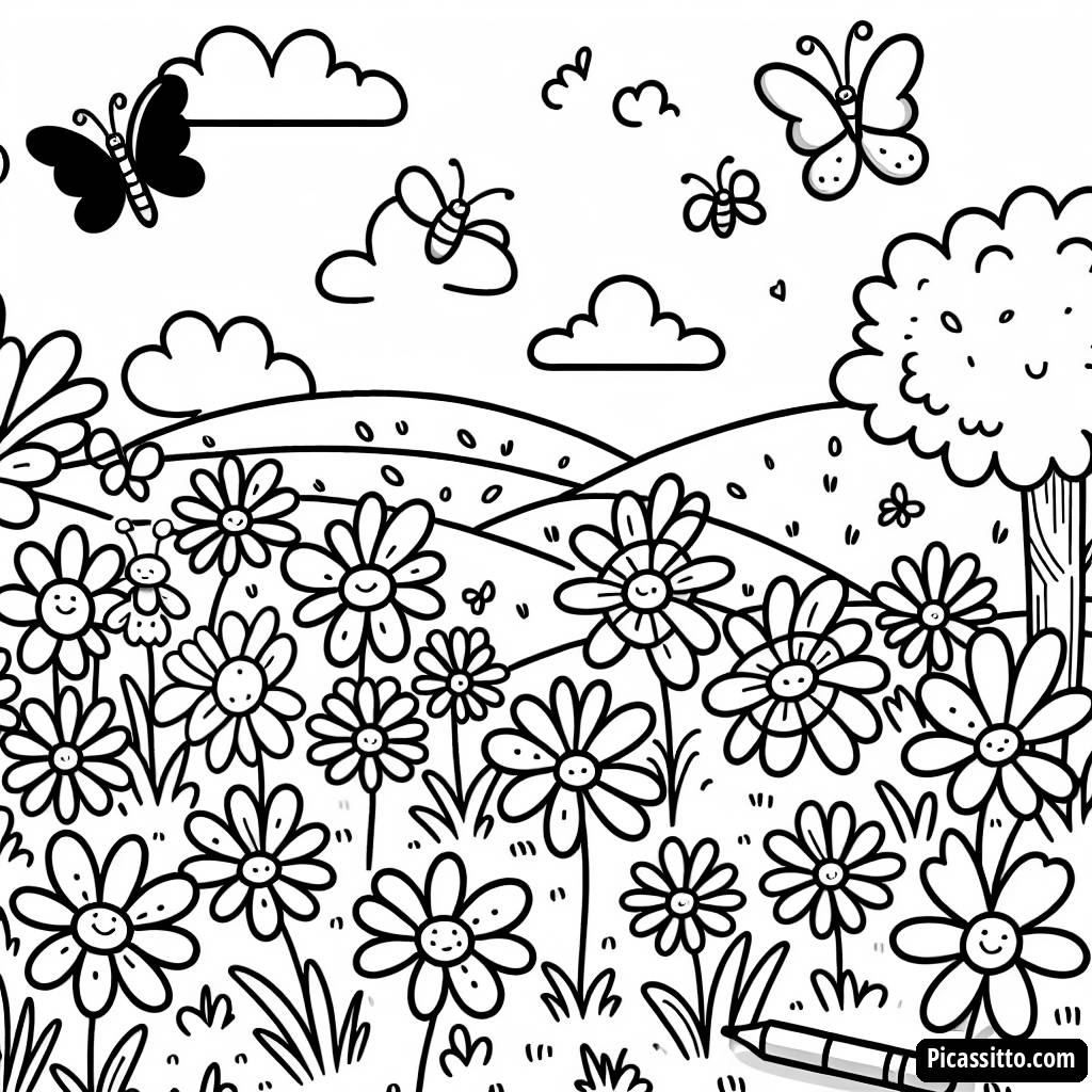 Página para Colorear de Margaritas Alegres y Mariposas