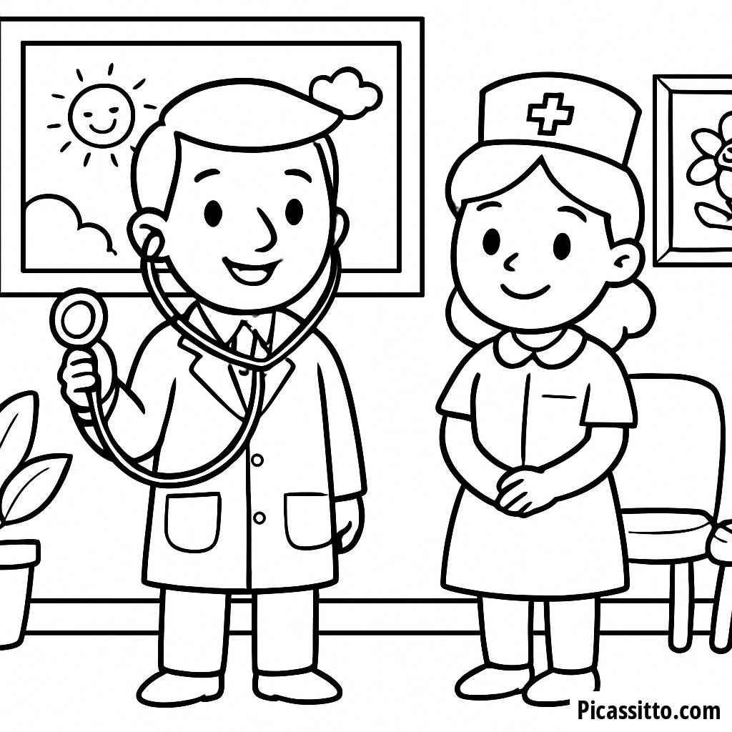 Cheerful Doctor and Smiling Nurse Coloring Page
