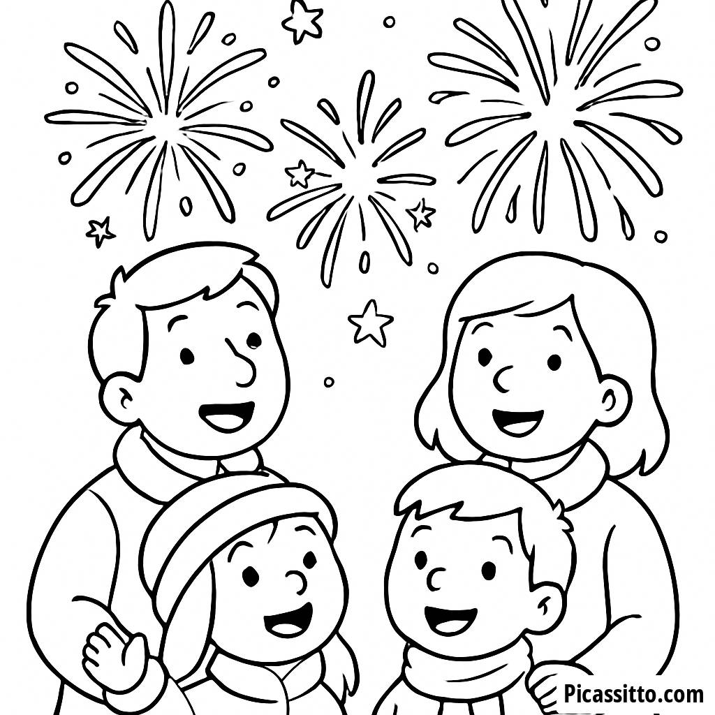 Pagina da Colorare di una Famiglia Allegra che Guarda i Fuochi d'Artificio