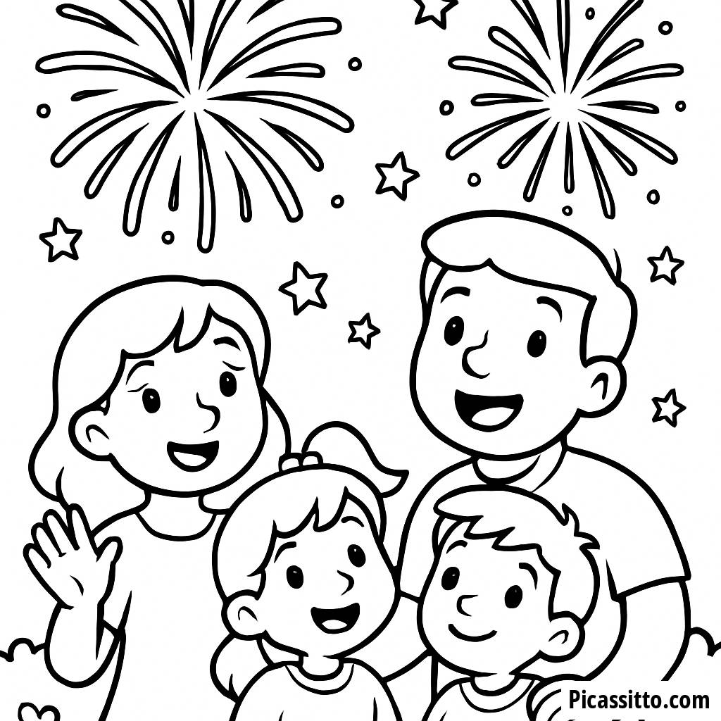 Page à Colorier d'une Famille Joyeuse Regardant des Feux d'Artifice