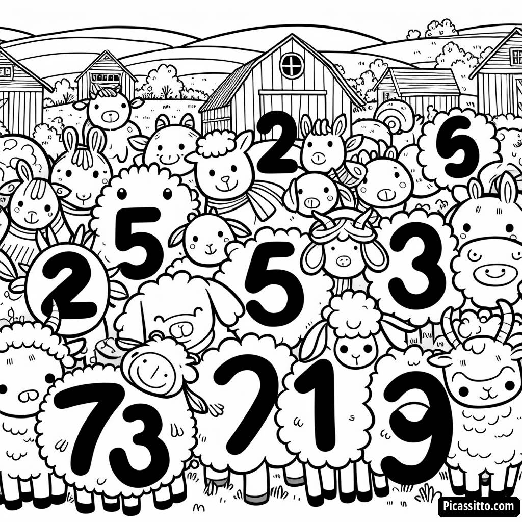 Página para Colorear de una Granja Alegre con Animales Contando