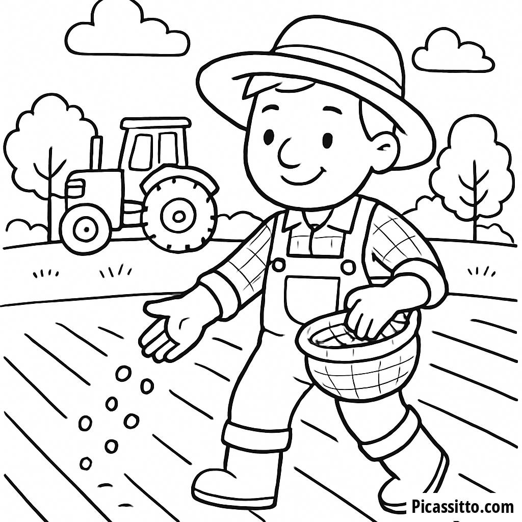 Página para Colorear de un Alegre Agricultor Plantando Semillas