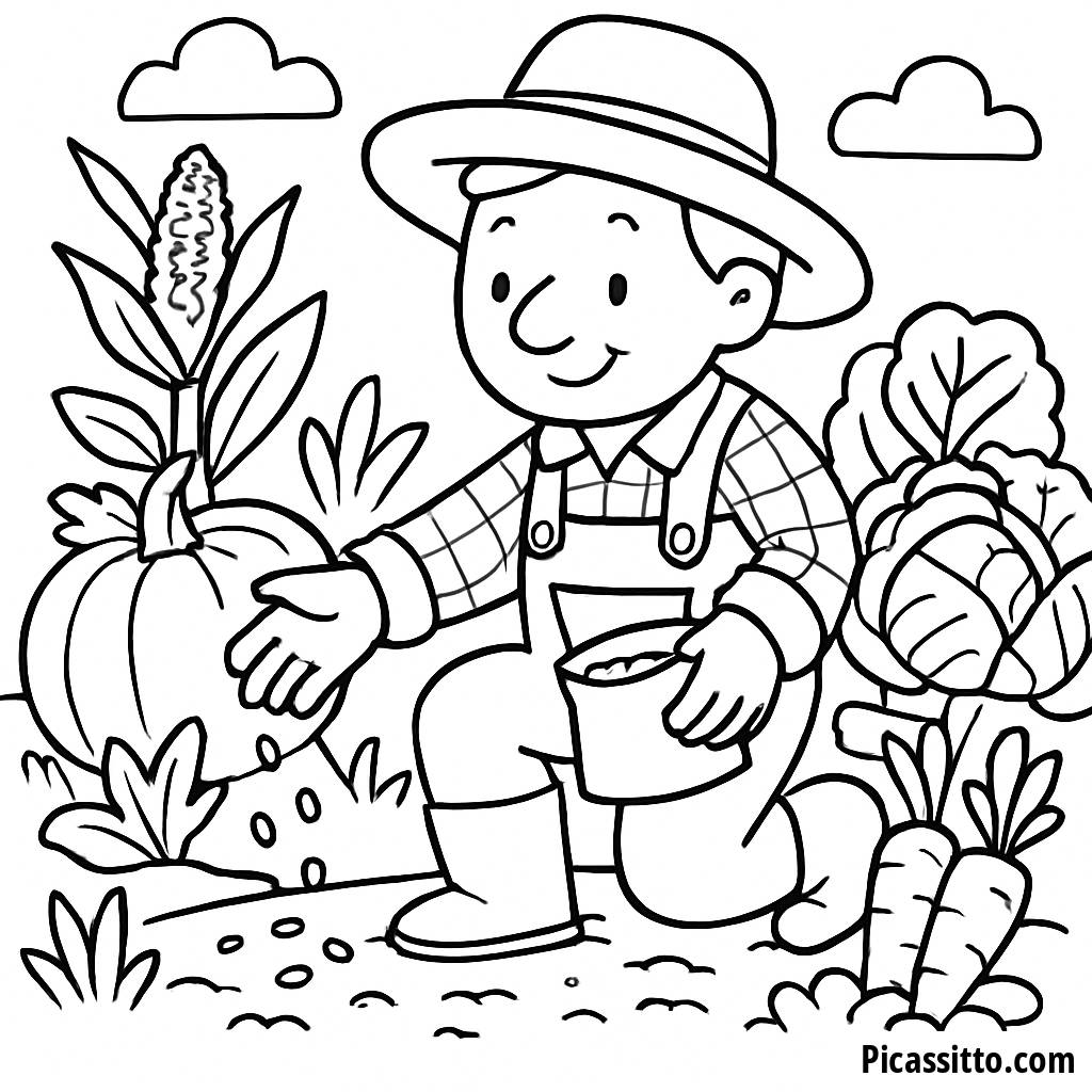 Página para Colorear del Alegre Agricultor Plantando Semillas