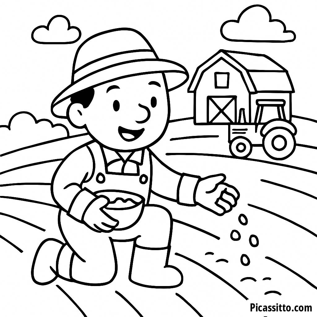 Рисунок для раскрашивания: Веселый фермер сажает семена