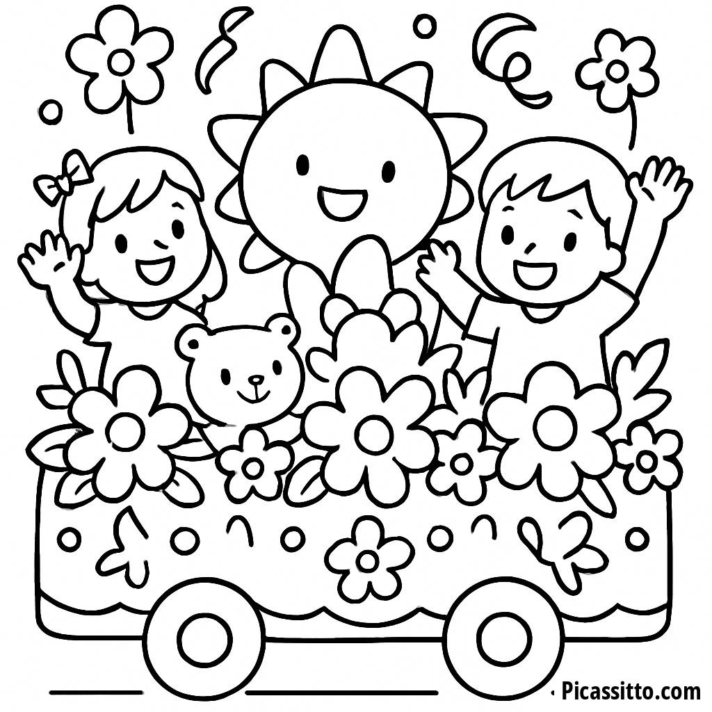 Página para Colorear del Carroza de Flores Alegre