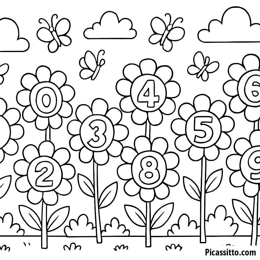 Cheerful Garden Coloring Page for Counting Butterflies