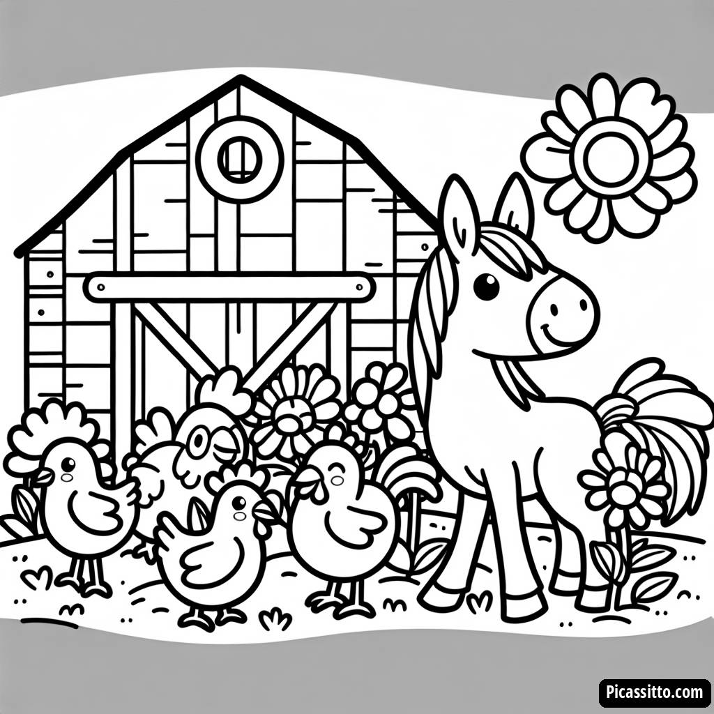 Раскраска Веселая Лошадь и Курицы