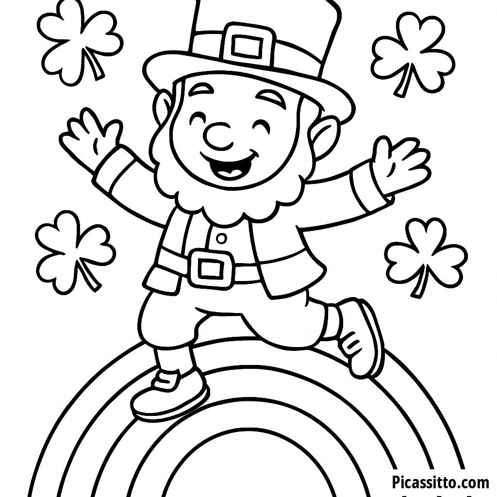 Fröhliche Leprechaun Tanzende auf einem Regenbogen Ausmalbild