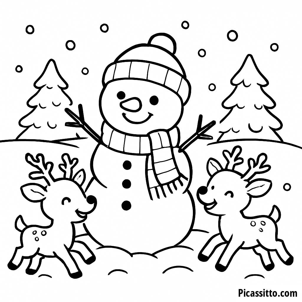 Pagina da Colorare di un Felice Pupazzo di Neve