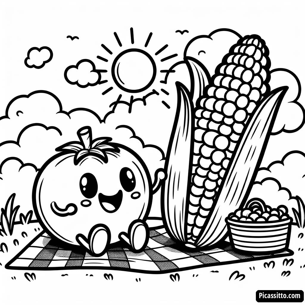 Pagina da Colorare del Pomodoro Allegro e della Pannocchia in Picnic