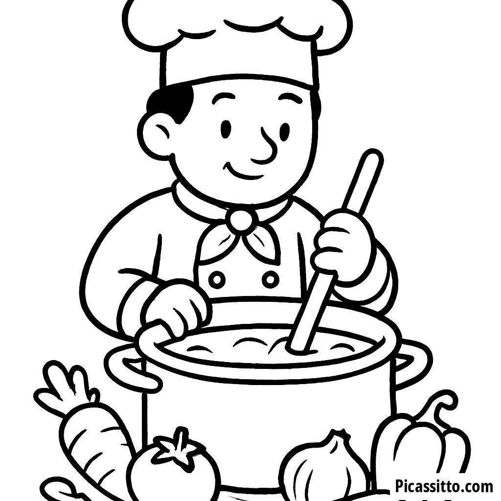 Chef Coloring Page: Stirring a Pot of Soup