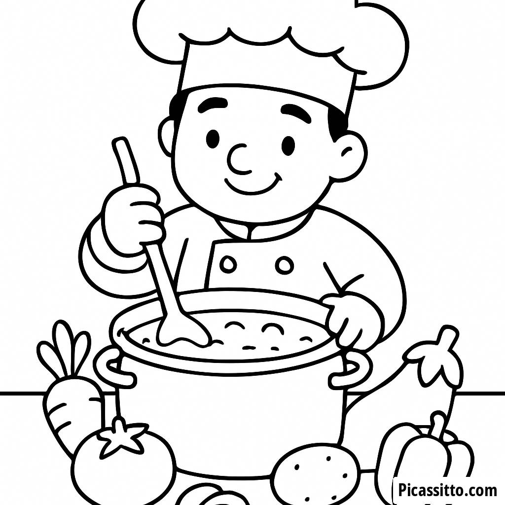 Pagina da Colorare del Cuoco con la Sua Zuppa Colorata