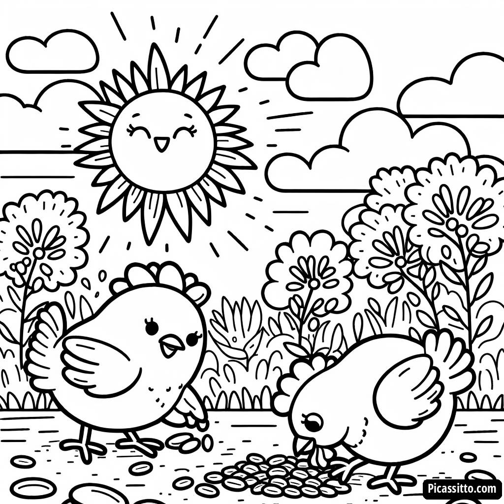 Página para Colorear de Pollos Picoteando