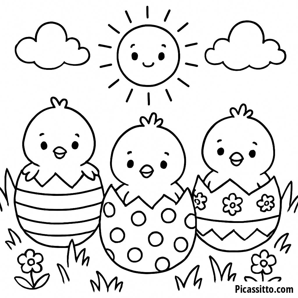 Pollitos Asomando de Huevos Decorados Página para Colorear