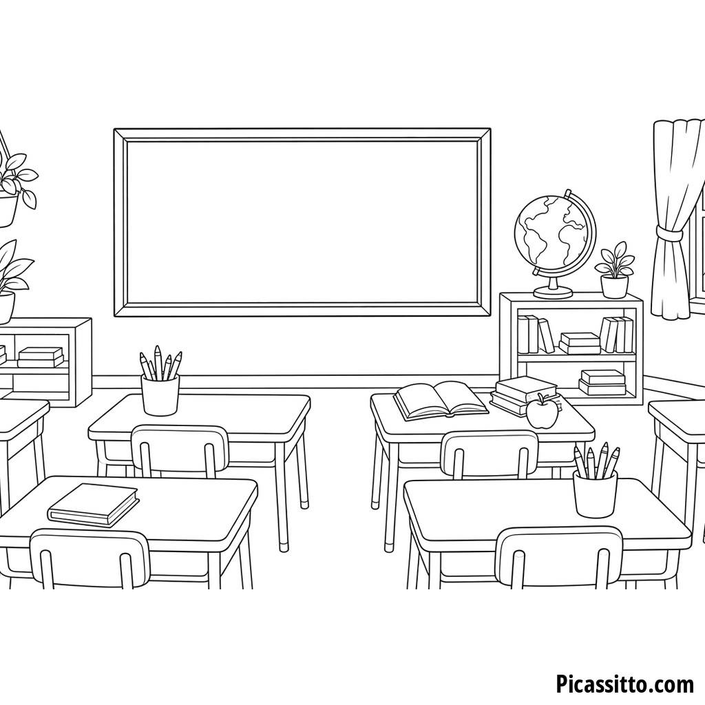 Empty Classroom with Desks Coloring Page