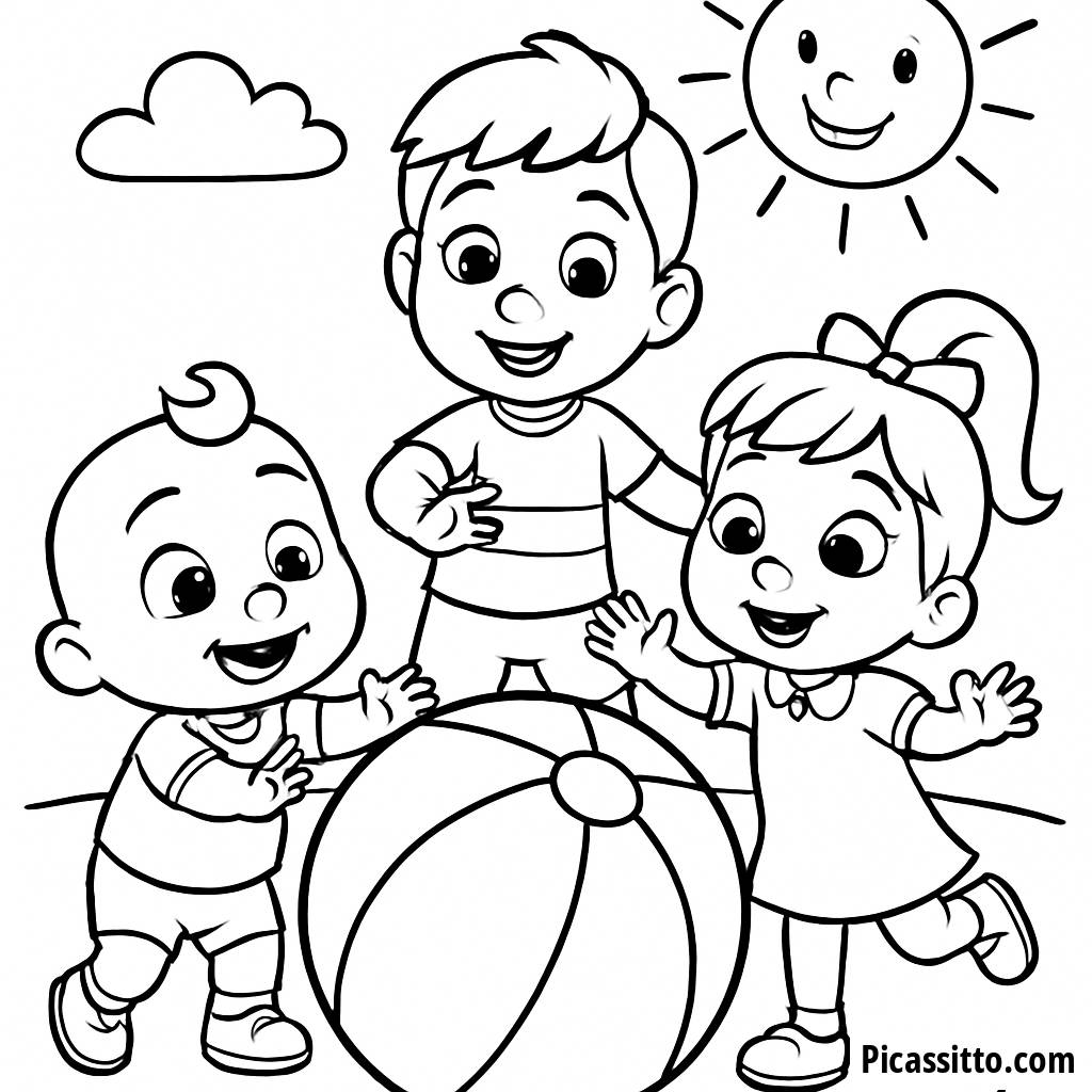 Раскраска Cocomelon: JJ, TomTom и YoYo Играют с Огромным Мячом на Пляже