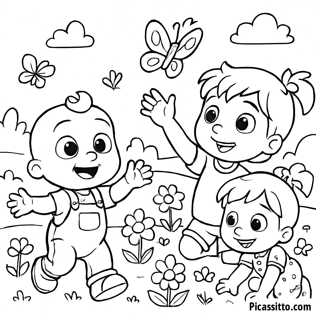 Cocomelon Coloring Page: JJ, TomTom, and YoYo in a Colorful Garden