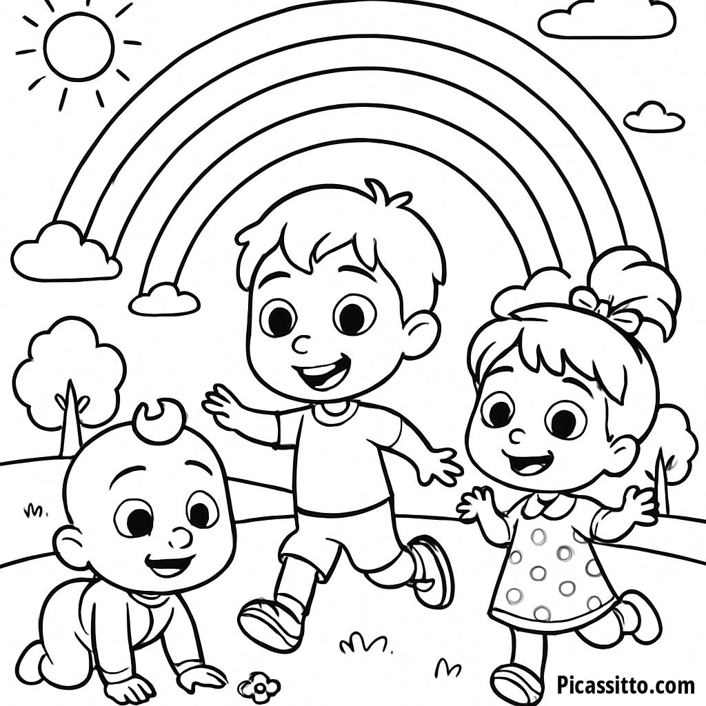 Cocomelon Coloring Page: JJ, TomTom, and YoYo in a Sunny Park with a Rainbow!
