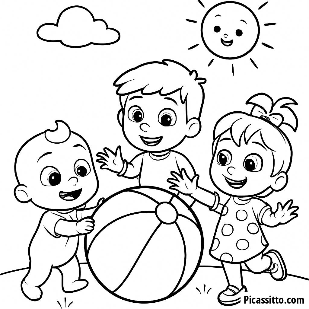 Cocomelon Coloring Page: JJ, TomTom, and YoYo with a Giant Beach Ball!