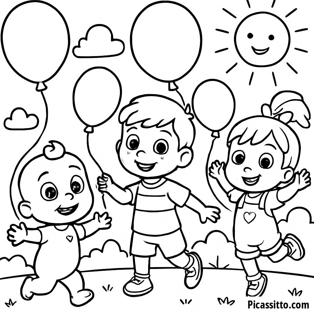 Cocomelon Coloring Page: JJ, TomTom, and YoYo with Colorful Balloons