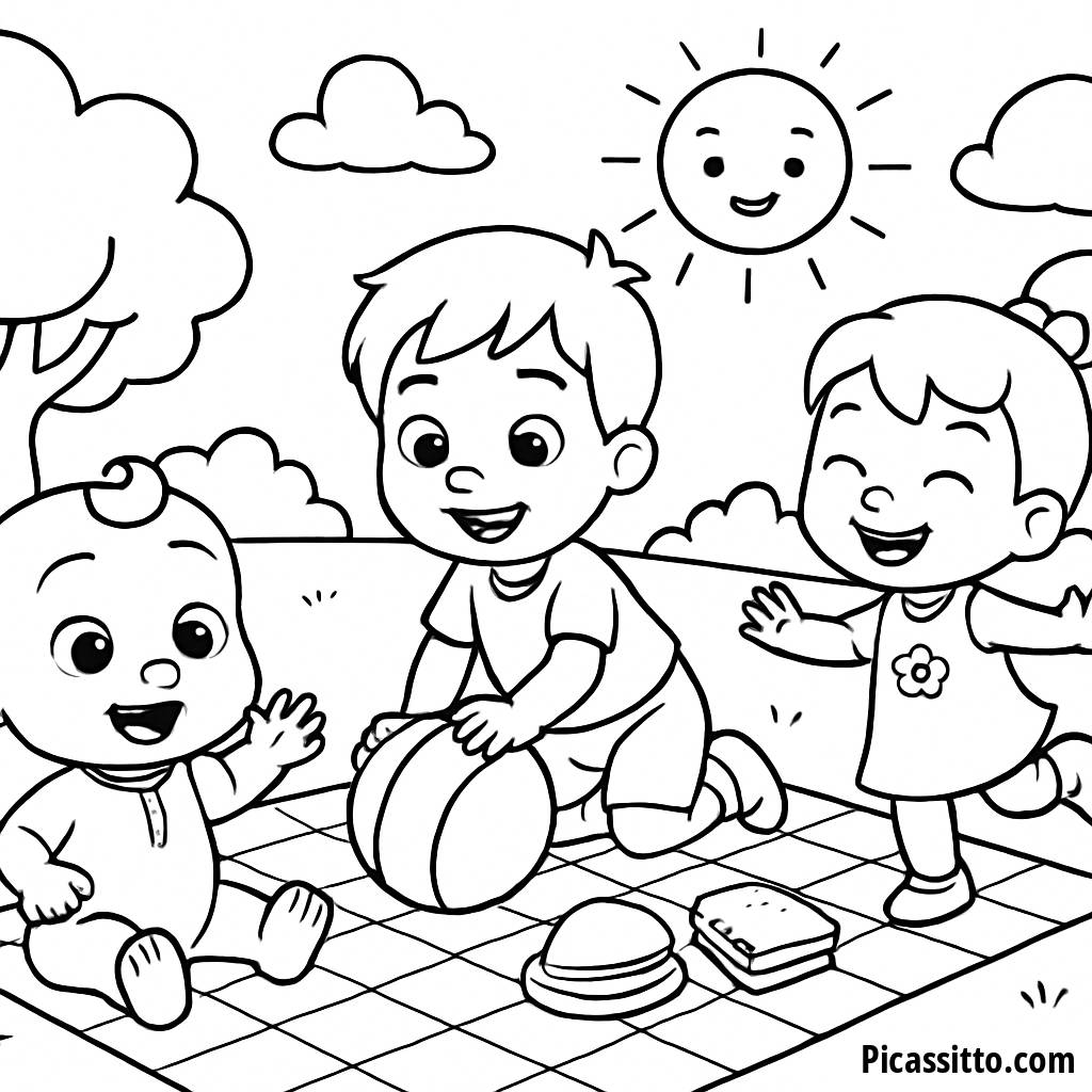 Pagina da Colorare Cocomelon: Picnic Soleggiato di JJ, TomTom e YoYo