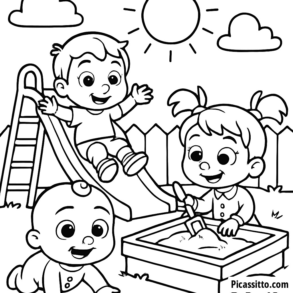 Cocomelon Coloring Page: JJ, TomTom & YoYo in the Sunny Backyard