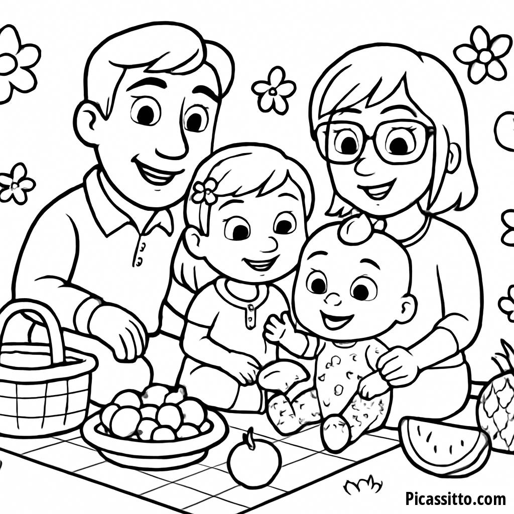 Página para Colorear de la Familia Cocomelon en Picnic