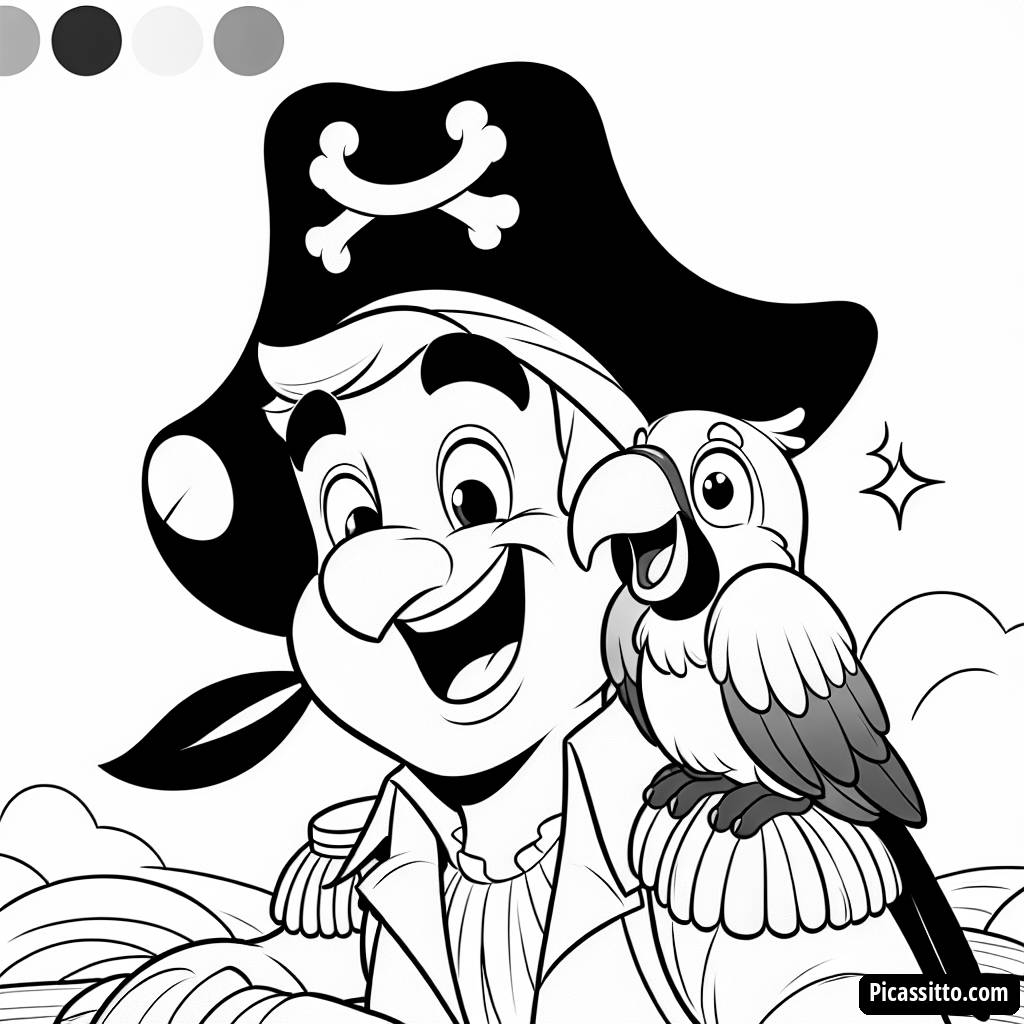 Ausmalbild: Ein Freundlicher Papagei auf der Schulter eines Piraten