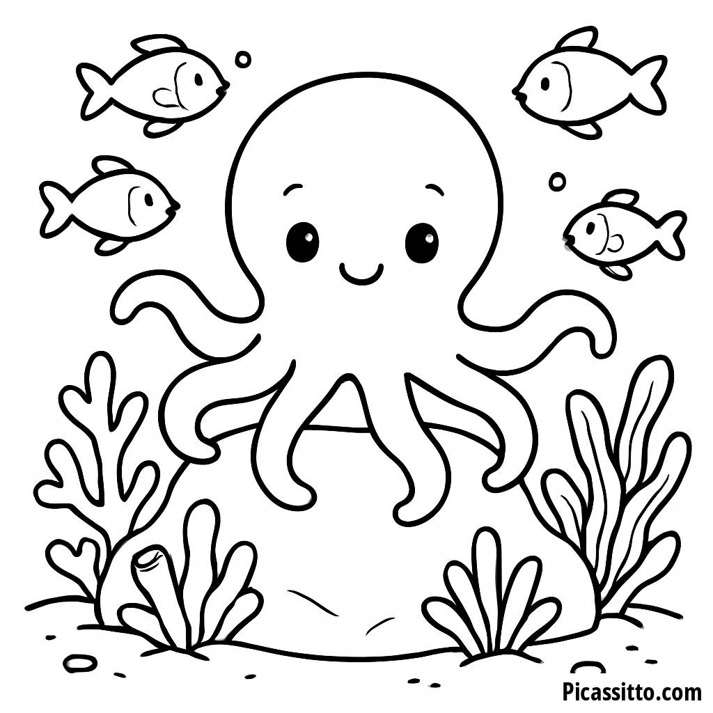 Ausmalbild: Ein Verspielter Oktopus auf einem Korallenriff