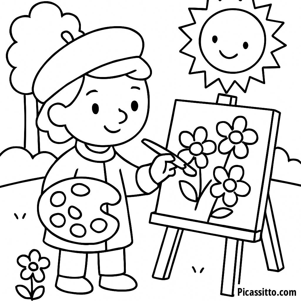 Coloring Page: Artist with Palette Painting Flowers in the Park