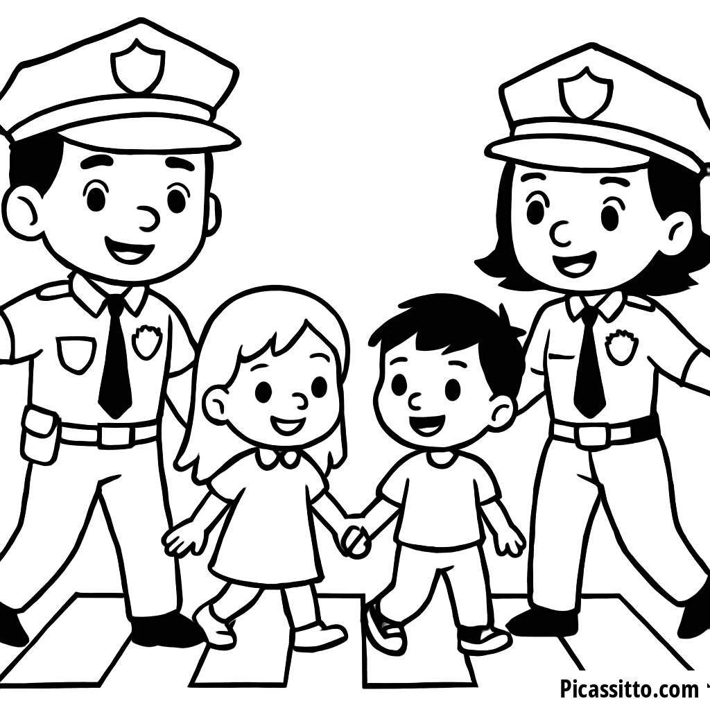 Malvorlage: Mutige Polizisten Helfen Kindern Sicher zu Überqueren!